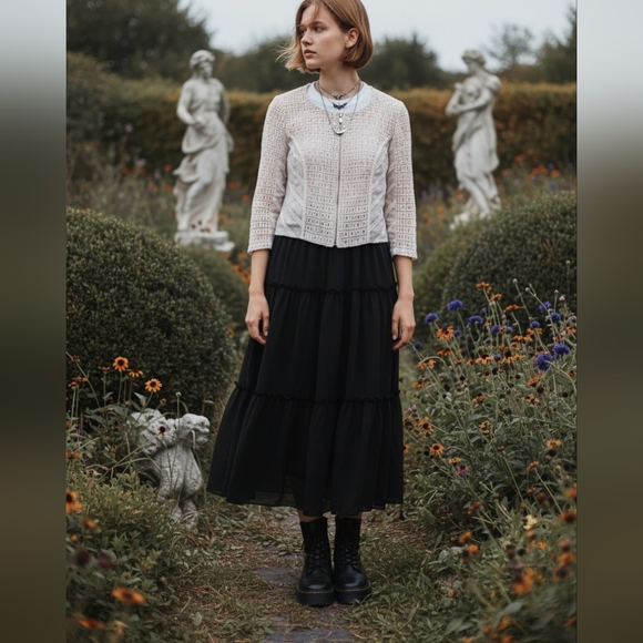 Crochet Lace Sheer Mesh Zip-Up Jacket White Ivory Boho Romantic Barely Worn - Picture 2 of 14